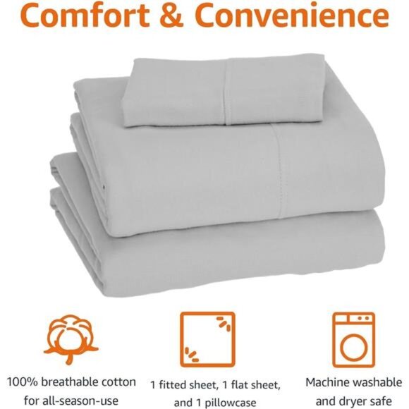 Basics 3 Piece Bed Sheets Set, 100% Cotton Jersey, Includes Super Soft - Picture 3 of 8